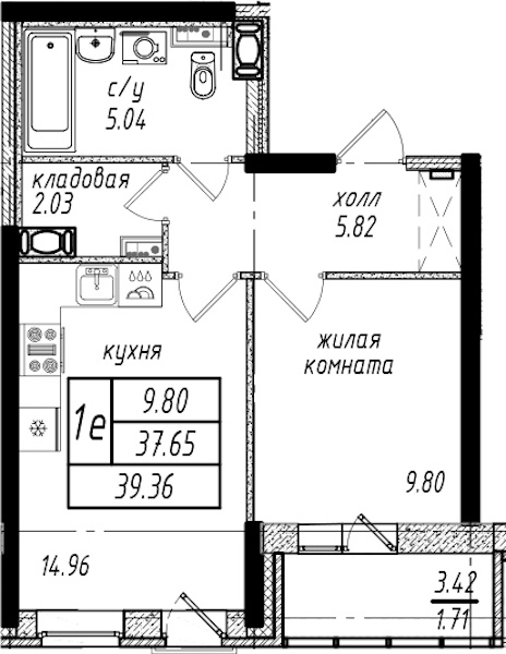 1-комнатная квартира 39.36 м², 14/25 эт., ЖК «Северная Долина»